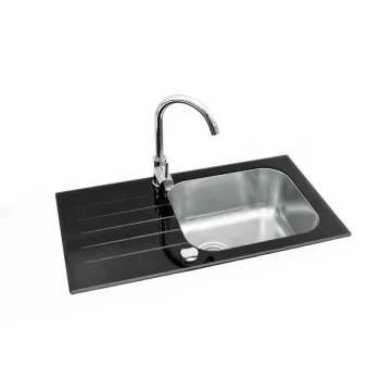 GLAM 20 Conjunto de lava-loiça de cozinha em compósito de granito com misturadora preta, cuba única, reversível, 580x480 mm