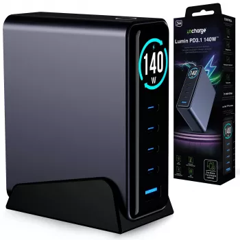 3mk InCharge carregador de secretária Lumin PD3.2 140W QC5 PPS AFC FCP SCP 1A4C TFT GaN3 com ecrã preto