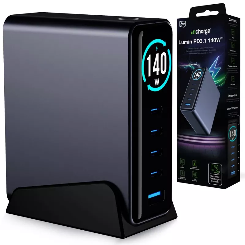 3mk InCharge carregador de secretária Lumin PD3.2 140W QC5 PPS AFC FCP SCP 1A4C TFT GaN3 com ecrã preto