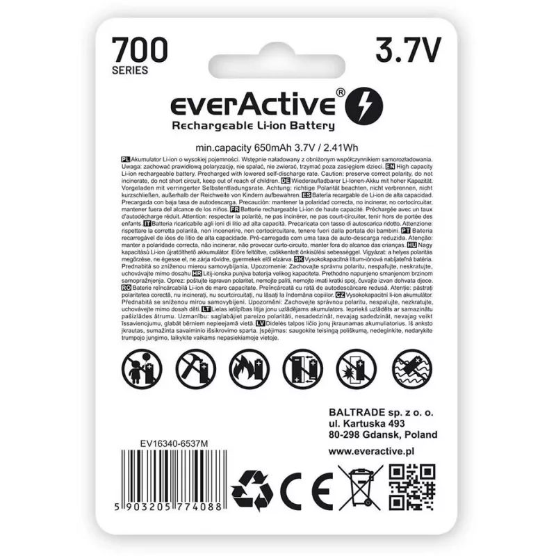 Bateria de iões de lítio recarregável EVERACTIVE 16340 3,7V 700mAh com circuito de proteção (1 unid.)