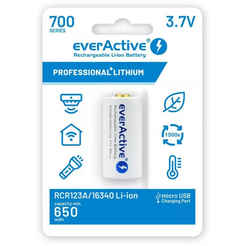 Bateria de iões de lítio recarregável EVERACTIVE 16340 3,7V 700mAh com circuito de proteção (1 unid.)