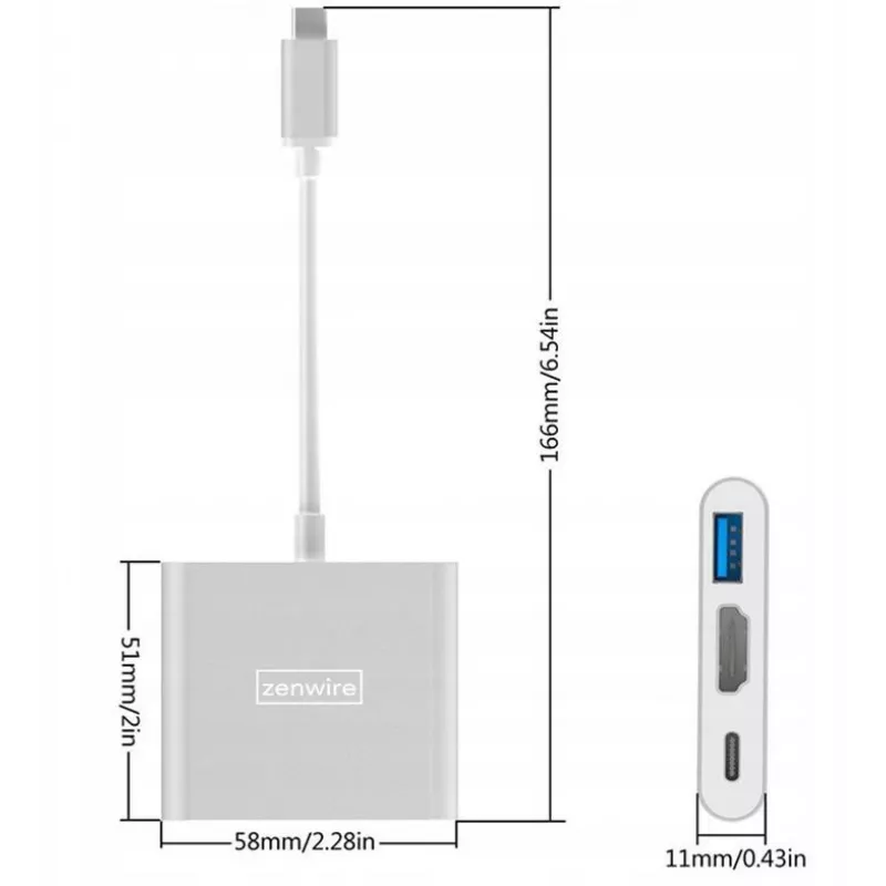 ZENWIRE BYL-2008N Hub MHL 3-em-1 Adaptador USB-C para HDMI 4K, Cinzento Espacial