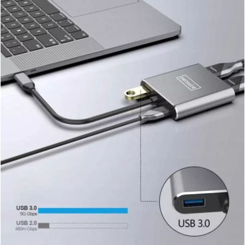 ZENWIRE Hub USB-C 4-em-1 Adaptador 2x HDMI 4K USB 3.0 Cinzento Espacial BYL-2309