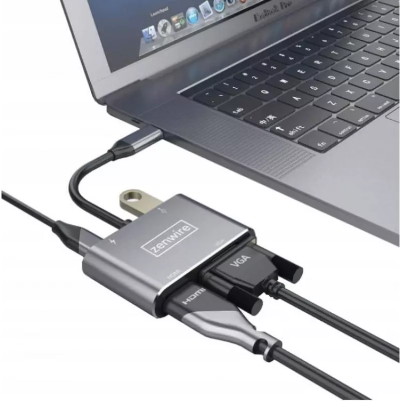 ZENWIRE Adaptador Hub USB-C Multiportas 4-em-1 HDMI 4K VGA USB-A Cinzento Space BYL-2310