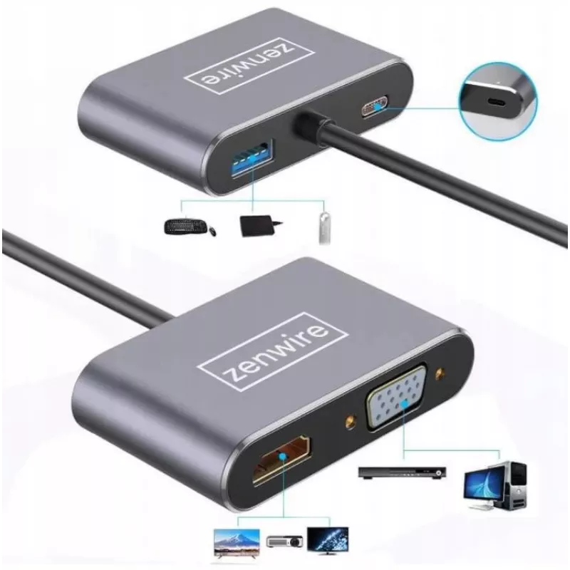 ZENWIRE Adaptador Hub USB-C Multiportas 4-em-1 HDMI 4K VGA USB-A Cinzento Space BYL-2310