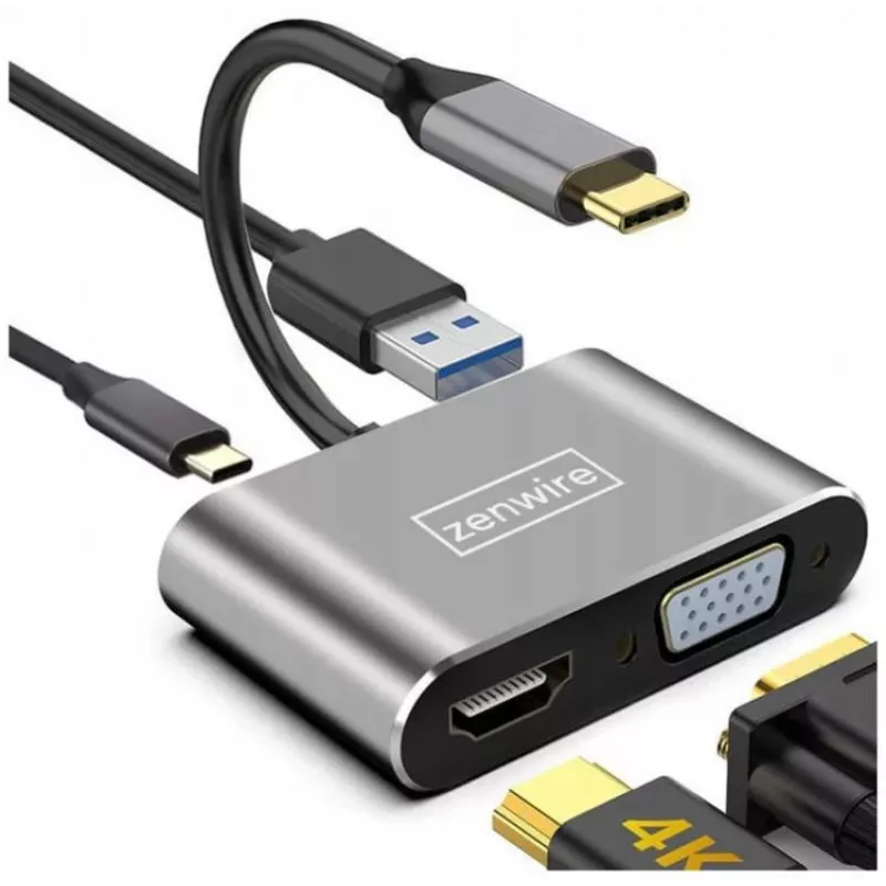 ZENWIRE Adaptador Hub USB-C Multiportas 4-em-1 HDMI 4K VGA USB-A Cinzento Space BYL-2310