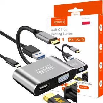 ZENWIRE Adaptador Hub USB-C Multiportas 4-em-1 HDMI 4K VGA USB-A Cinzento Space BYL-2310