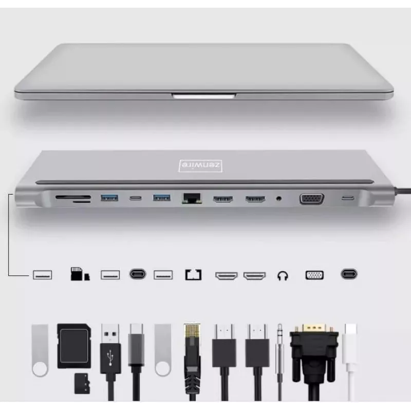 ZENWIRE Hub Adaptador USB-C 12-em-1 Docking Station 2x HDMI 4K Ethernet RJ45 USB 3.0 BYL-2211