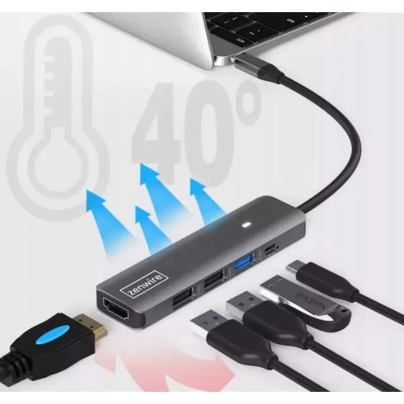 ZENWIRE BS-HC703 adaptador hub USB-C 7 em 1 com HDMI 4K, USB 3.0, SD, PD