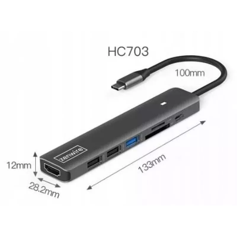 ZENWIRE BS-HC703 adaptador hub USB-C 7 em 1 com HDMI 4K, USB 3.0, SD, PD