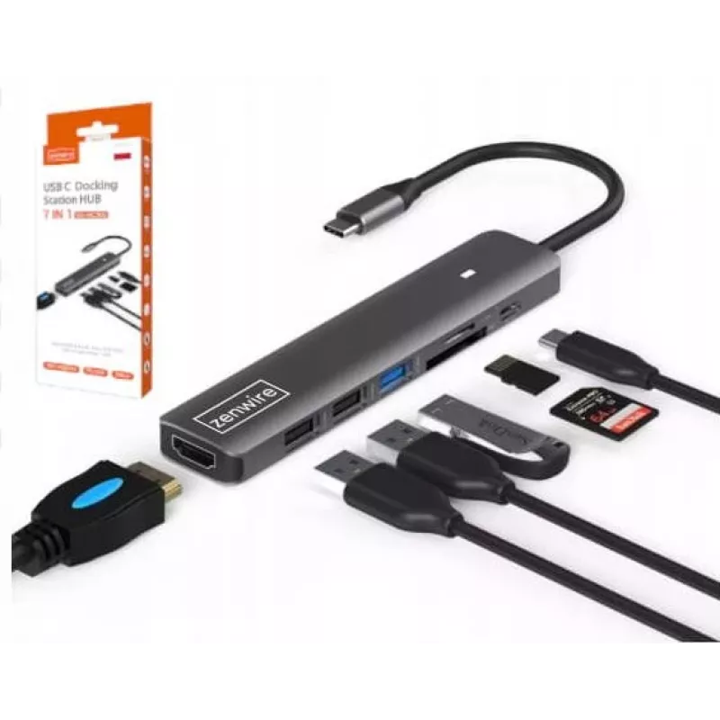 ZENWIRE BS-HC703 adaptador hub USB-C 7 em 1 com HDMI 4K, USB 3.0, SD, PD