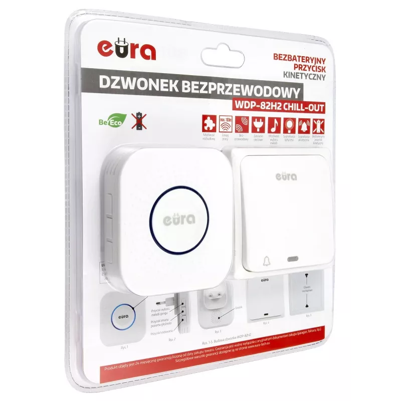 EURA WDP-82H2 Conjunto de Campainha Sem Fios, Emissor Cinético sem Pilhas, 36 Melodias, Alcance 100 m, Branco