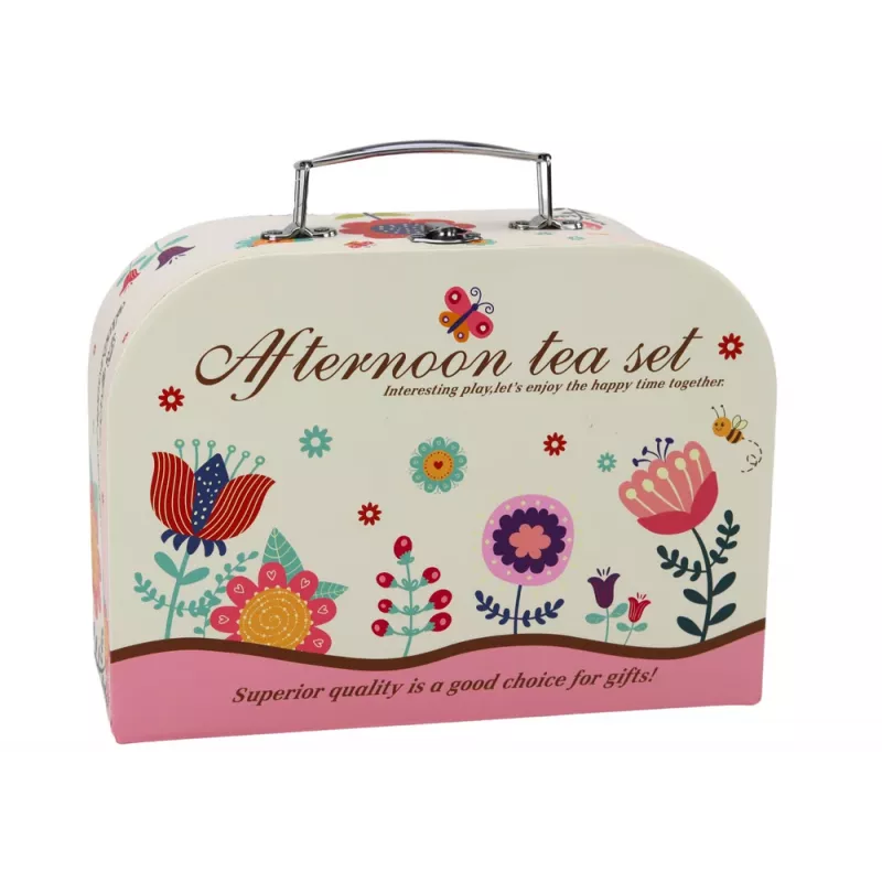 Conjunto de chá em mala - serviço de mesa de estanho de 15 peças com chávenas, pratos, suporte de bolo e tabuleiro - rosa, azul, padrão floral branco - brinquedo de role-play portátil para crianças a partir dos 3 anos