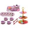Conjunto de chá em mala - serviço de mesa de estanho de 15 peças com chávenas, pratos, suporte de bolo e tabuleiro - rosa, azul, padrão floral branco - brinquedo de role-play portátil para crianças a partir dos 3 anos