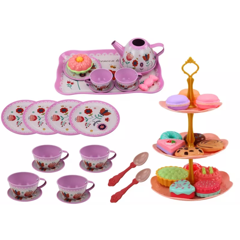 Conjunto de chá em mala - serviço de mesa de estanho de 15 peças com chávenas, pratos, suporte de bolo e tabuleiro - rosa, azul, padrão floral branco - brinquedo de role-play portátil para crianças a partir dos 3 anos