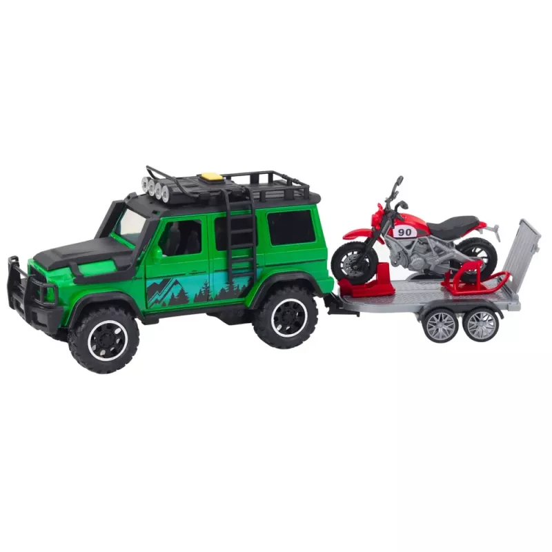 Conjunto de veículos todo-o-terreno com reboque e mota, luz e som, LEAN TOYS verde