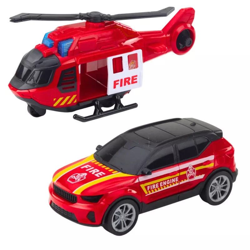 Camião de bombeiros, reboque, helicóptero, carro LEAN TOYS com luzes e sons vermelho