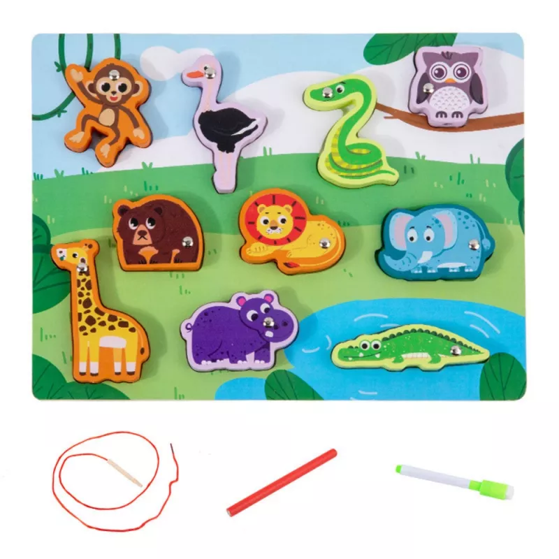 Puzzle de madeira com ímanes e jogo de enfiar animais LEAN TOYS