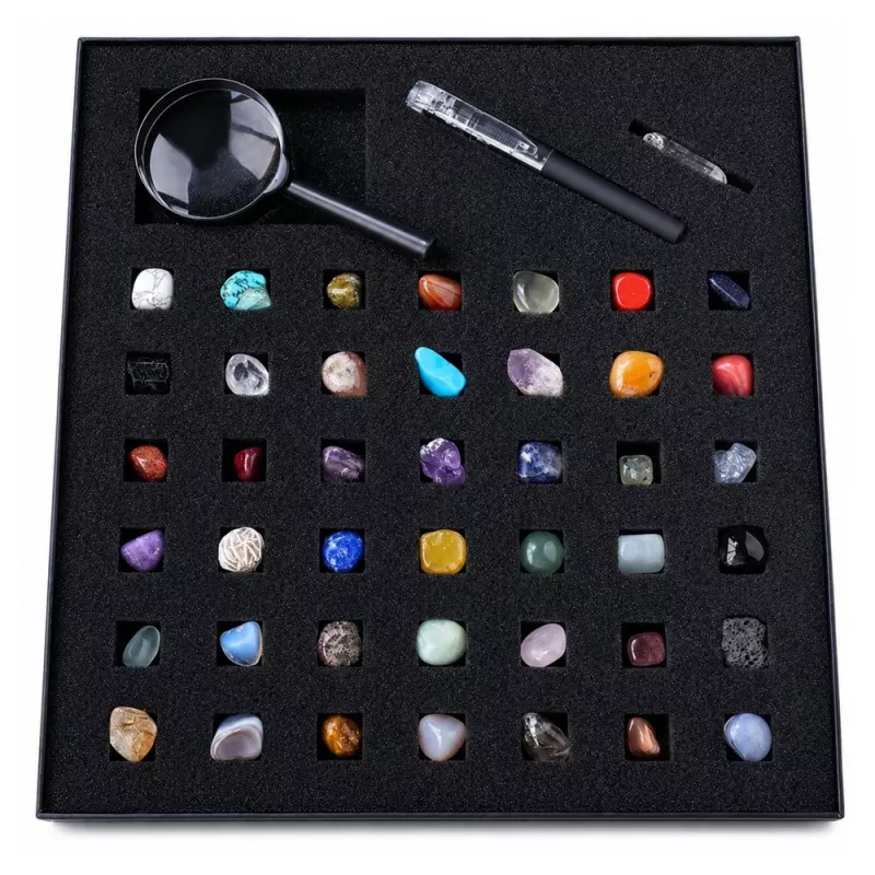 LEAN TOYS Conjunto de pedras minerais cristais naturais coleção com lupa e caneta 43 peças