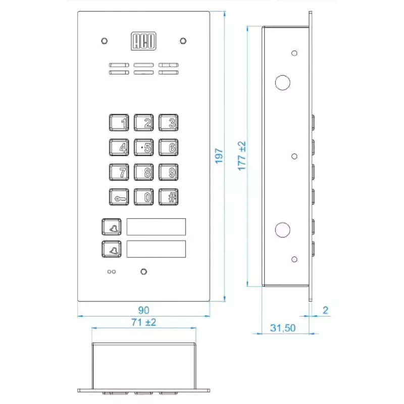 ACO FAM-P-2NPZSACC Estação exterior de porta para 2 famílias para montagem encastrada com leitor RFID e fechadura de código, prateado