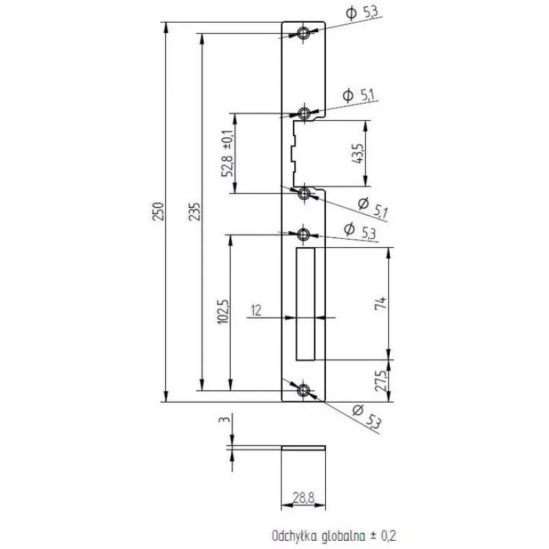 ELEKTRA-PLUS espelho para fechaduras de embutir, zincado, 200x20mm