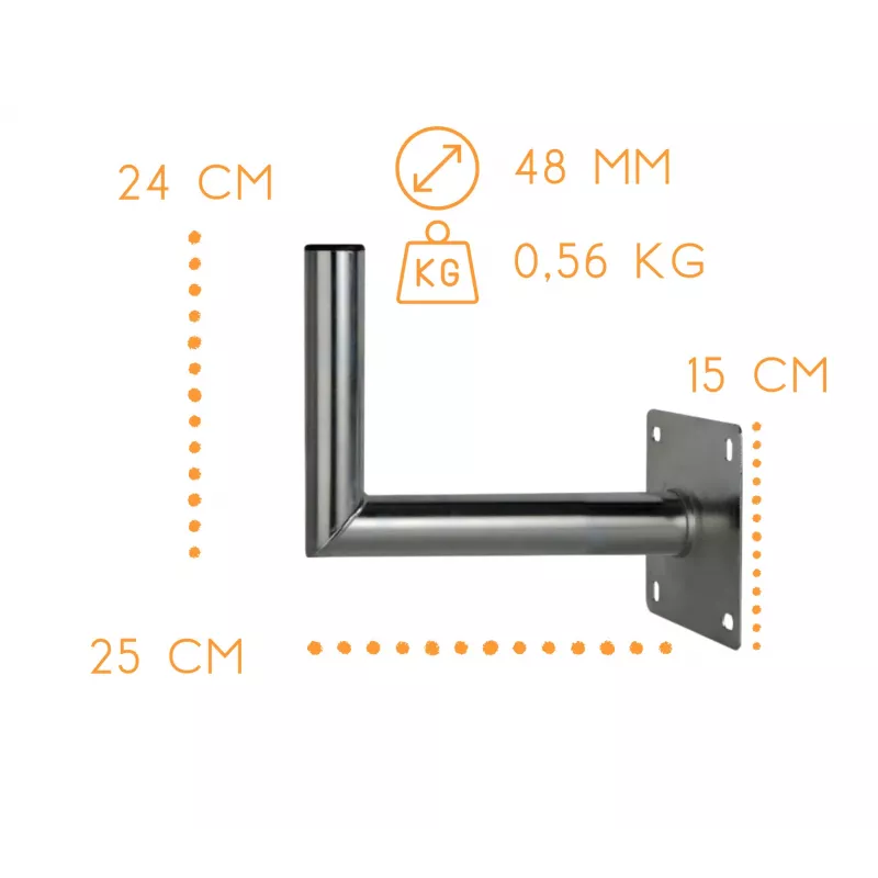 CORAB USL-48/250AL Suporte de parede angular para mastro de 48mm, braço de 250mm, alumínio, prateado