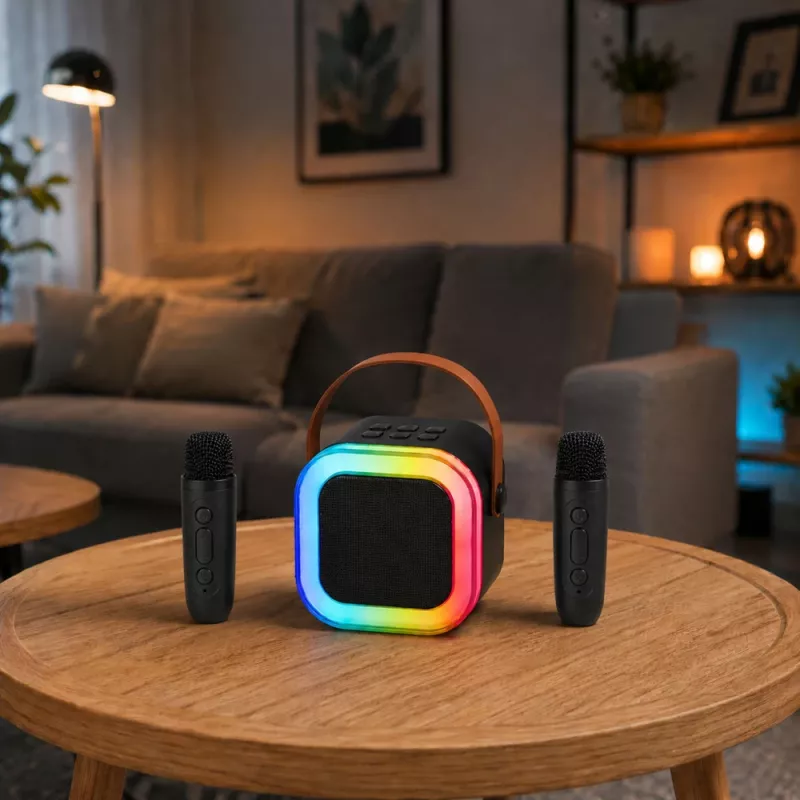 Conjunto de karaoke LEAN altifalante Bluetooth dois microfones luzes LED preto