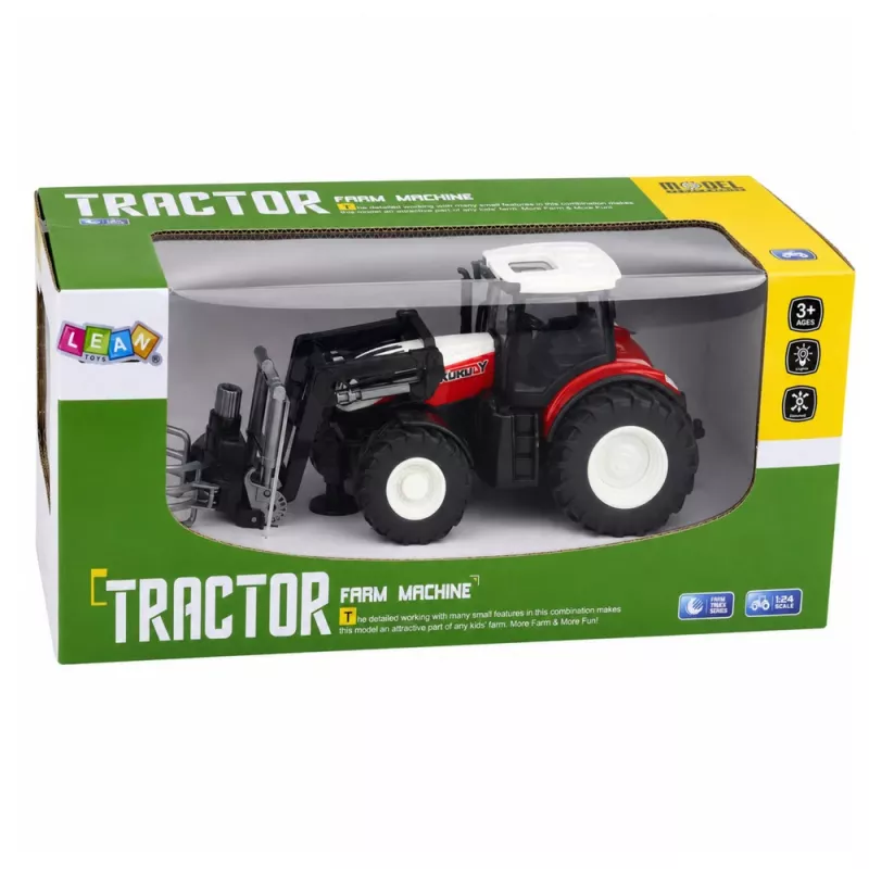 Trator agrícola vermelho RC com garra de fardos 1:24 LEAN TOYS