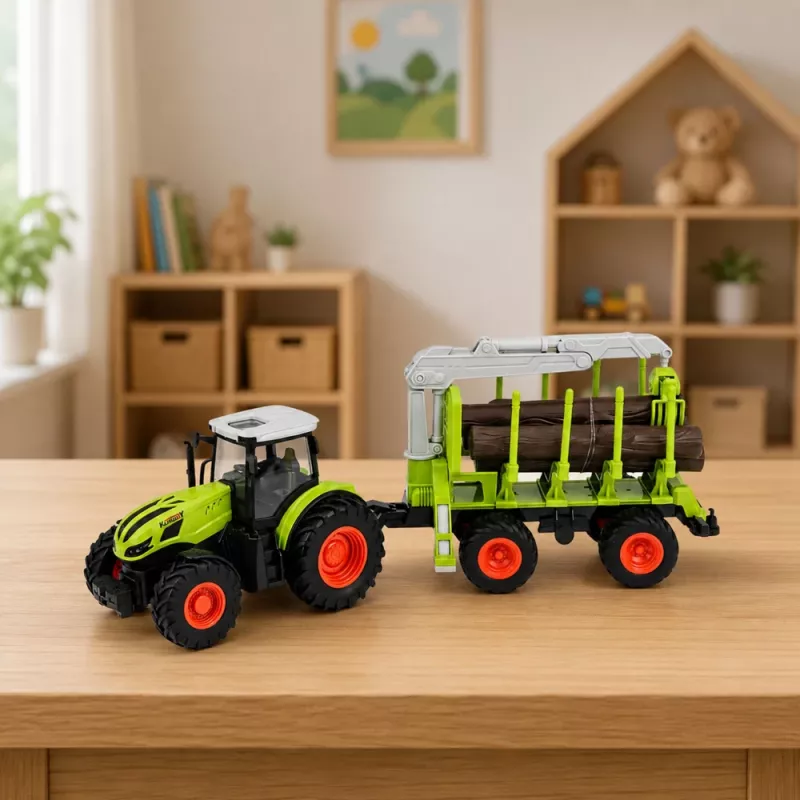 LEAN TOYS Trator telecomandado RC com atrelado florestal e garra para madeira 1:24