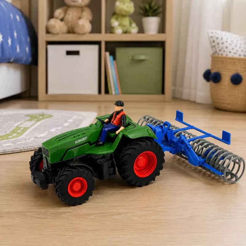 LEAN TOYS Trator RC verde com rolo e agricultor 1:24 telecomandado