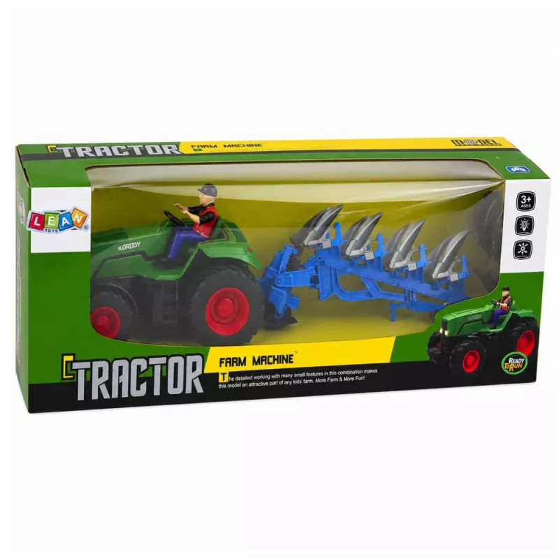 LEAN TOYS Trator RC com arado e agricultor, telecomandado, luzes, verde, 1:24
