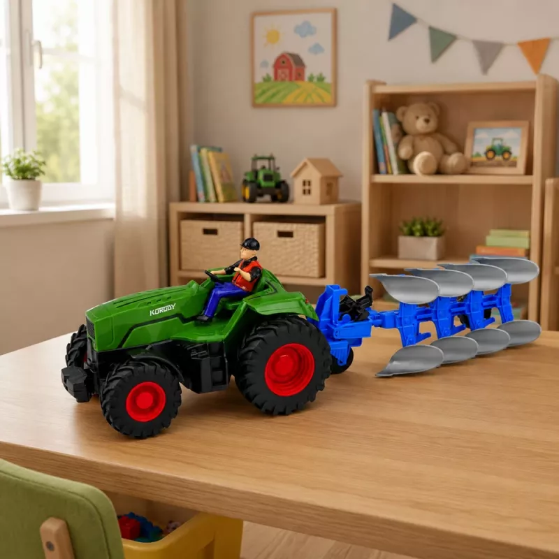 LEAN TOYS Trator RC com arado e agricultor, telecomandado, luzes, verde, 1:24