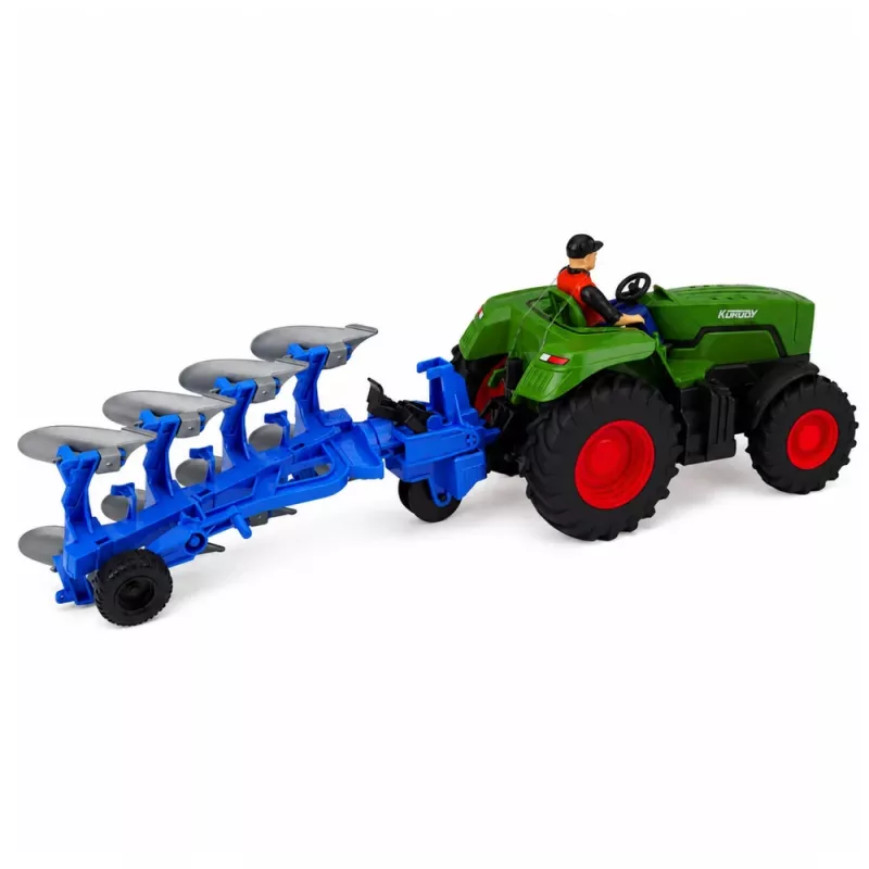 LEAN TOYS Trator RC com arado e agricultor, telecomandado, luzes, verde, 1:24