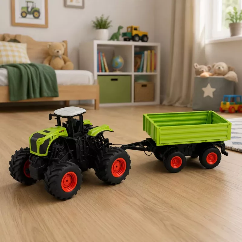 LEAN TOYS Trator agrícola alto com atrelado basculante, telecomandado, RC 1:16