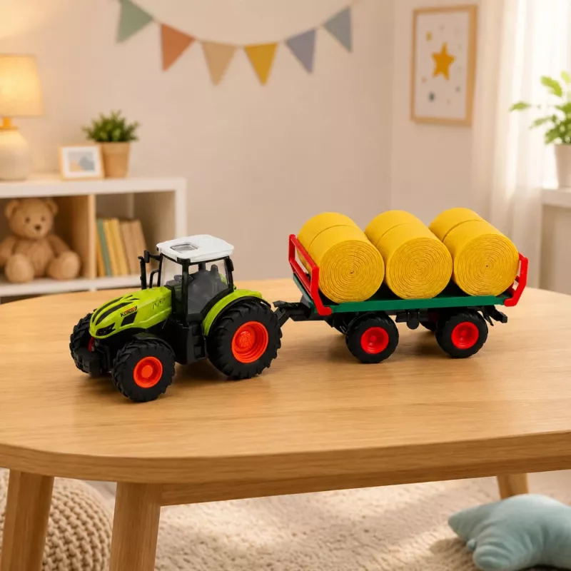 LEAN TOYS Trator RC telecomandado com atrelado de fardos de feno e iluminação 1:24