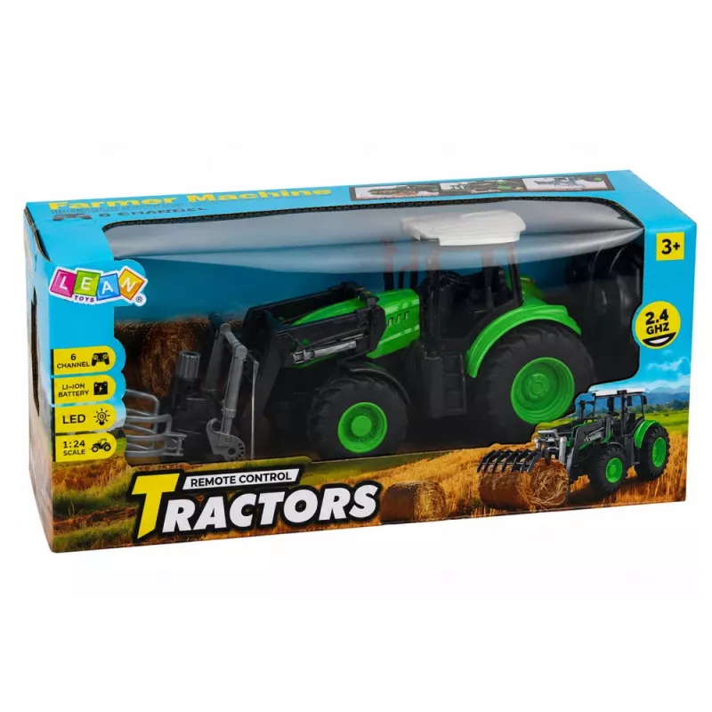 LEAN TOYS Trator RC com garra para fardos, telecomandado, luzes, verde, 1:24