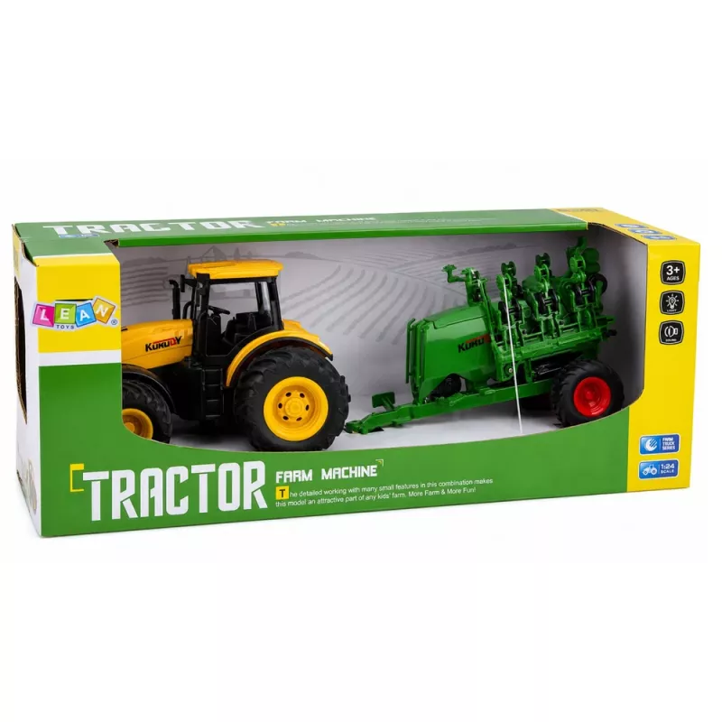 LEAN TOYS Trator com semeadeira e cultivador, luz e som, amarelo, 1:24