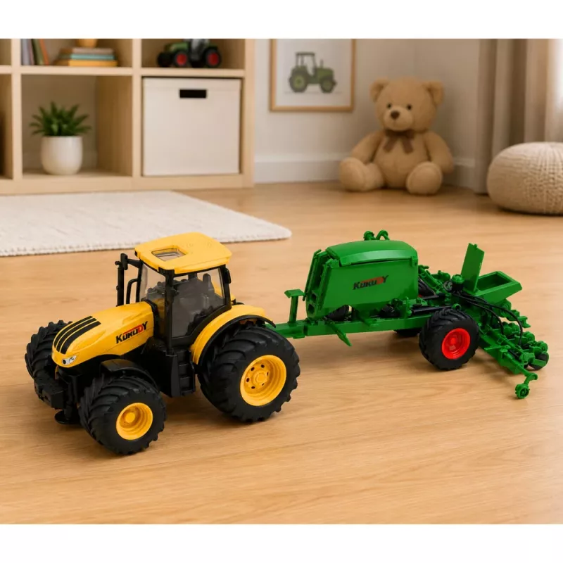 LEAN TOYS Trator com semeadeira e cultivador, luz e som, amarelo, 1:24