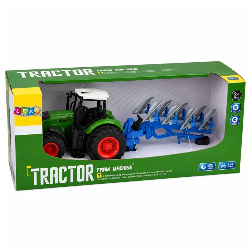LEAN TOYS Trator agrícola com charrua de dois ferros, pneus de borracha, verde, 1:24