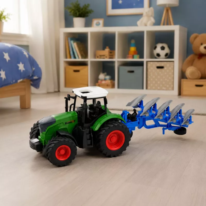 LEAN TOYS Trator agrícola com charrua de dois ferros, pneus de borracha, verde, 1:24