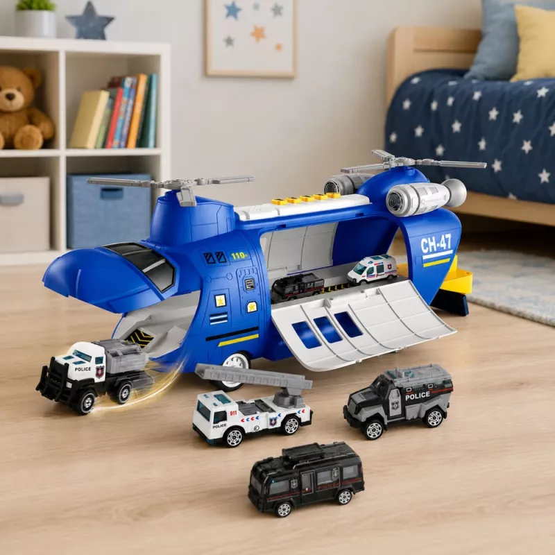LEAN TOYS Avião de transporte de polícia dobrável com veículos, luzes e sons