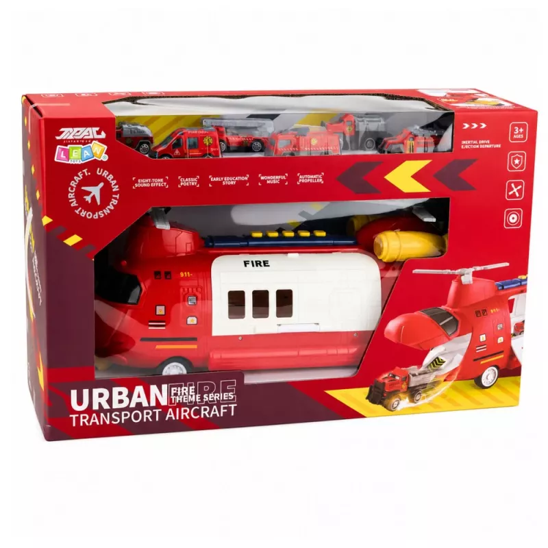 LEAN TOYS Avião de transporte de bombeiros dobrável grande com veículos, luzes e sons