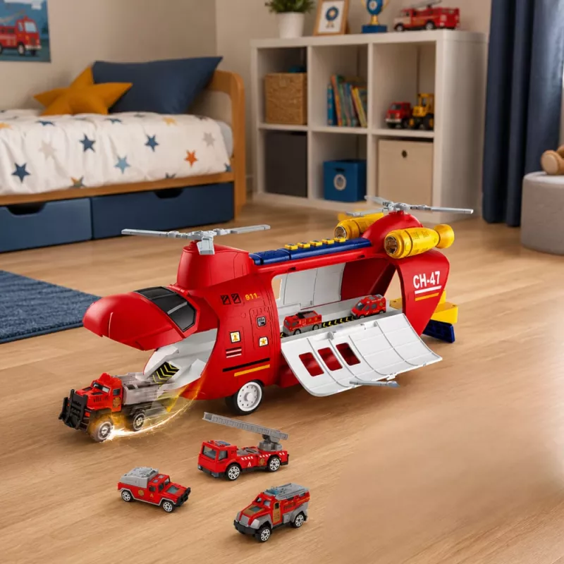LEAN TOYS Avião de transporte de bombeiros dobrável grande com veículos, luzes e sons