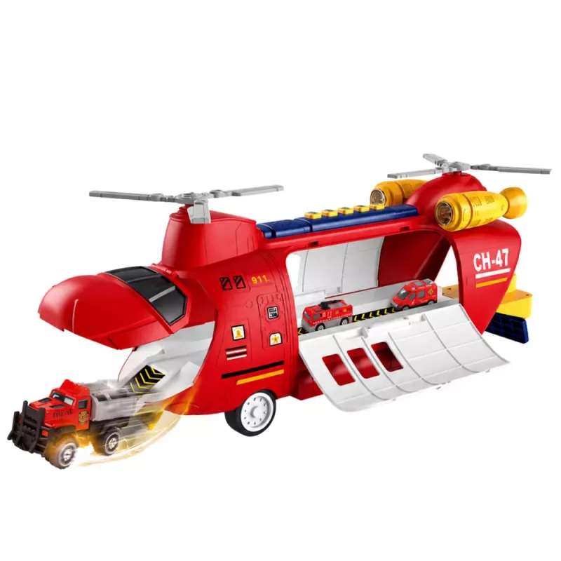 LEAN TOYS Avião de transporte de bombeiros dobrável grande com veículos, luzes e sons