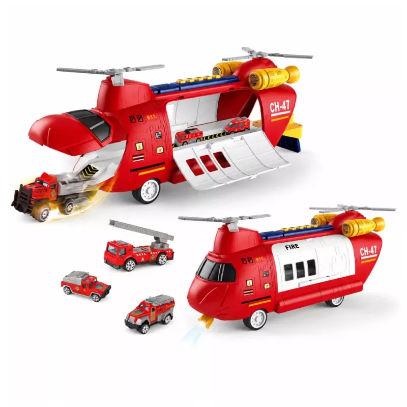 LEAN TOYS Avião de transporte de bombeiros dobrável grande com veículos, luzes e sons
