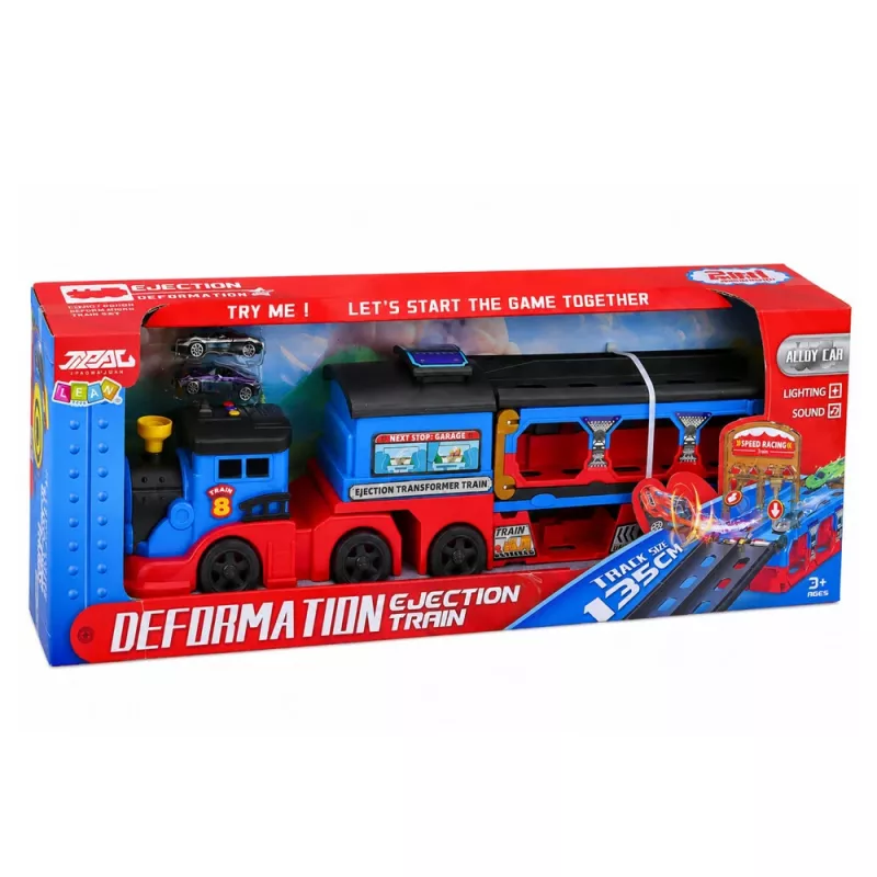LEAN TOYS Transportador de locomotiva com carros, carris, rampa de lançamento, luzes e sons