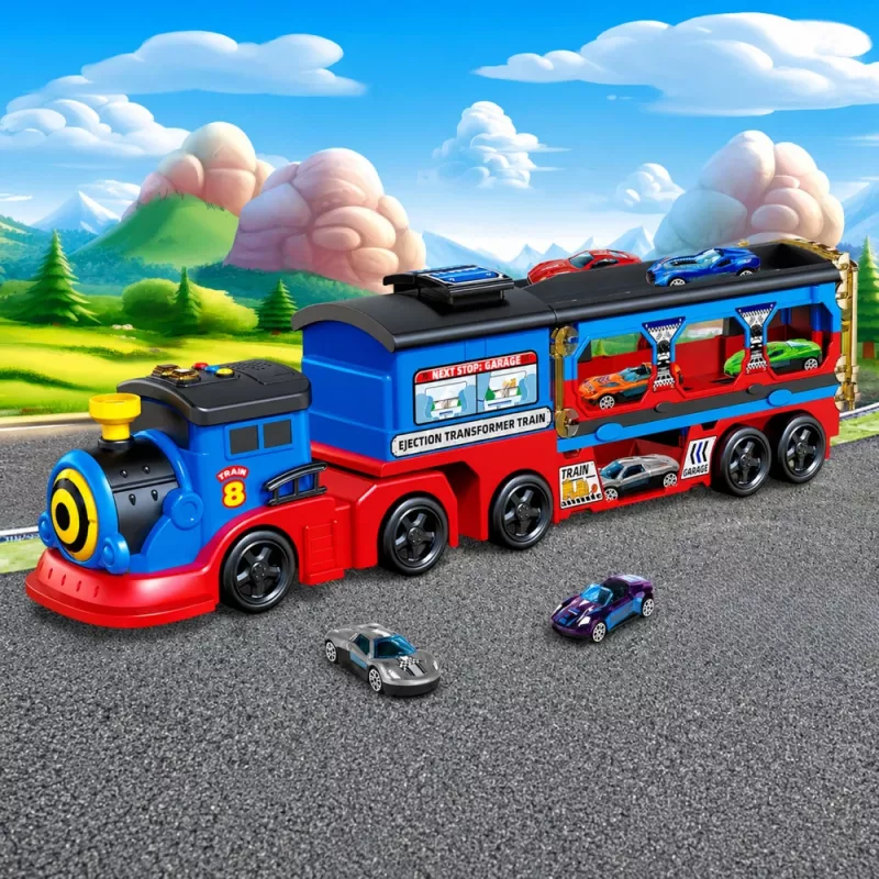 LEAN TOYS Transportador de locomotiva com carros, carris, rampa de lançamento, luzes e sons