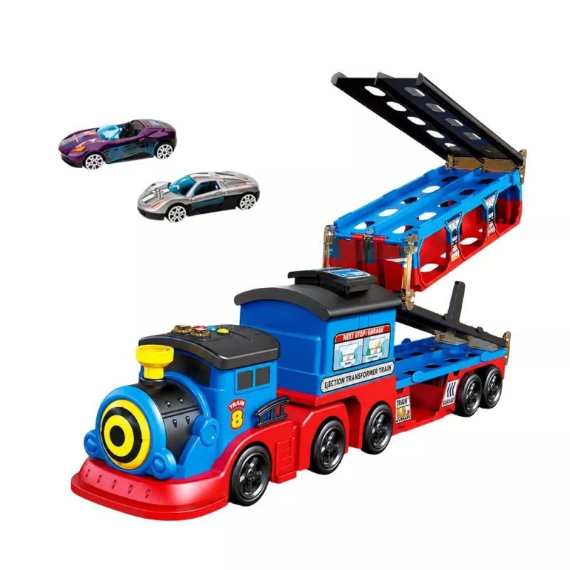 LEAN TOYS Transportador de locomotiva com carros, carris, rampa de lançamento, luzes e sons