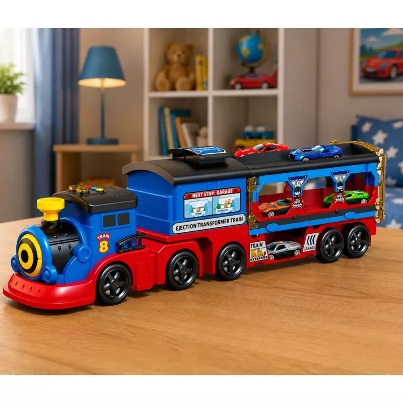 LEAN TOYS Transportador de locomotiva com carros, carris, rampa de lançamento, luzes e sons