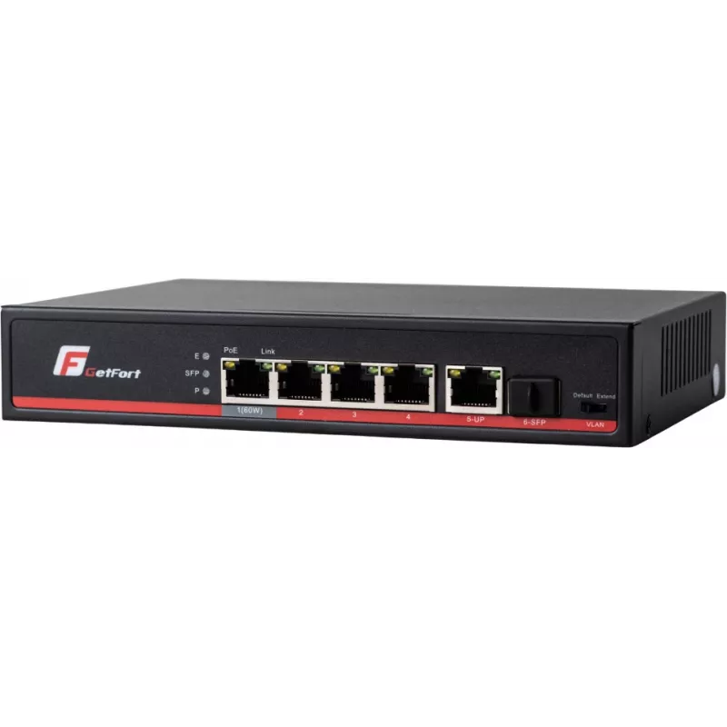 GETFORT GF-106-4PG-S-65 Switch Gigabit PoE+ 5 Portas (4 Portas PoE+, 65W, 1 SFP) Secretária/Parede